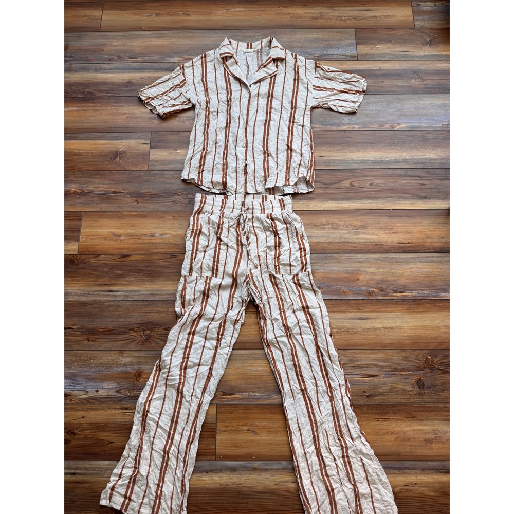 Illa Illa Pant Set Women S Rust Cream Striped Cotton Blend Excellent‎ ST2193-P